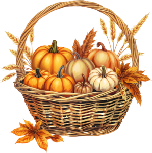 Illuminate your creations with this vibrant Autumn Pumpkin Basket Illustration, a colorful PNG featuring varied gourds and diverse fall foliage