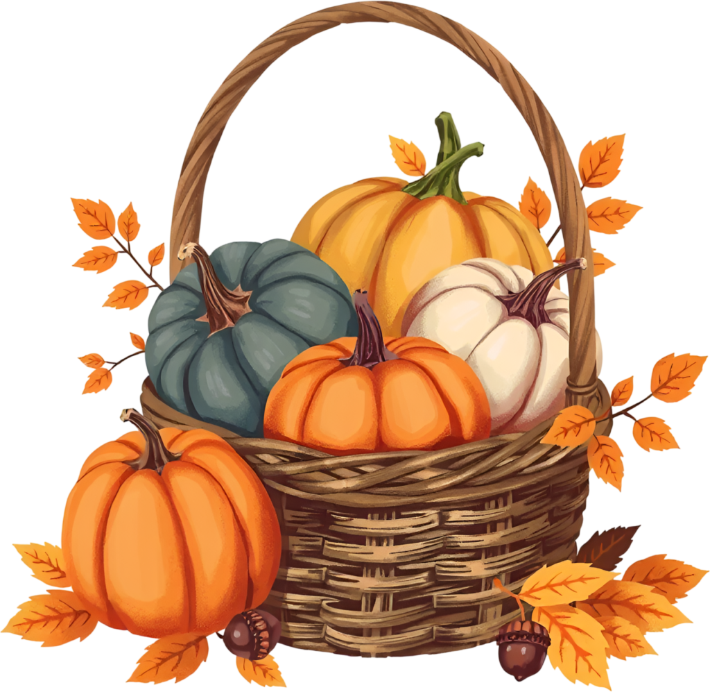 Discover this warm Fall Pumpkin Basket PNG Illustration, filled with an assortment of gourds and surrounded by golden wheat stalks for harvest themes 1 - Discover this warm Fall Pumpkin Basket PNG Illustration, filled with an assortment of gourds and surrounded by golden wheat stalks for harvest themes Free PNG Download