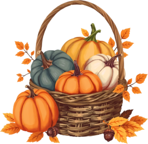 Discover this warm Fall Pumpkin Basket PNG Illustration, filled with an assortment of gourds and surrounded by golden wheat stalks for harvest themes