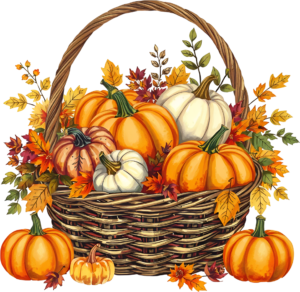 Unveil this delightful Autumn Pumpkin Basket Illustration, a charming PNG with colorful pumpkins and acorns, perfect for festive projects