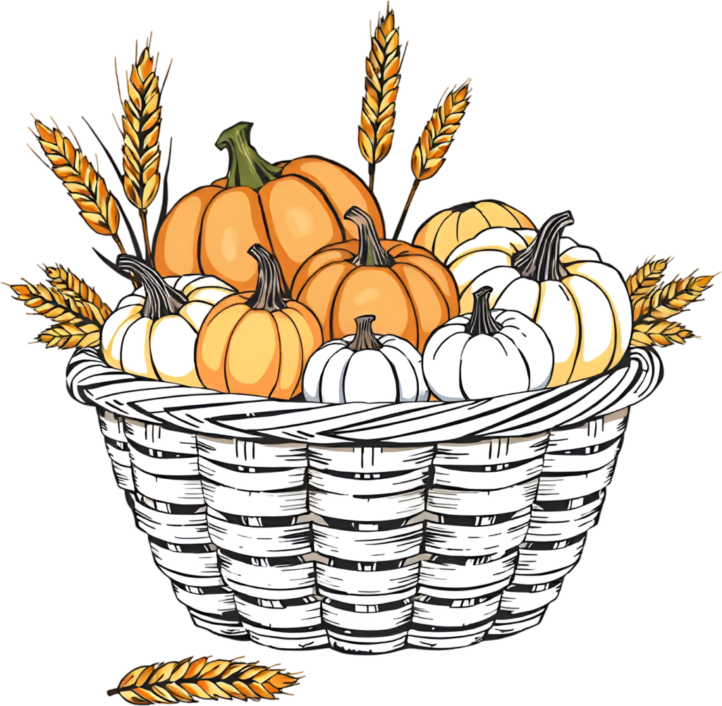 Admire this elegant Harvest Pumpkin Basket Illustration, a sophisticated PNG filled with orange and white pumpkins, adorned with autumn leaves 1 - Admire this elegant Harvest Pumpkin Basket Illustration, a sophisticated PNG filled with orange and white pumpkins, adorned with autumn leaves Free PNG Download