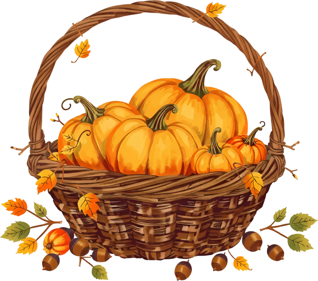 - Obtain this classic Fall Pumpkin Basket PNG, brimming with various gourds and intertwined with charming autumn branches and acorns for decor Free PNG Download