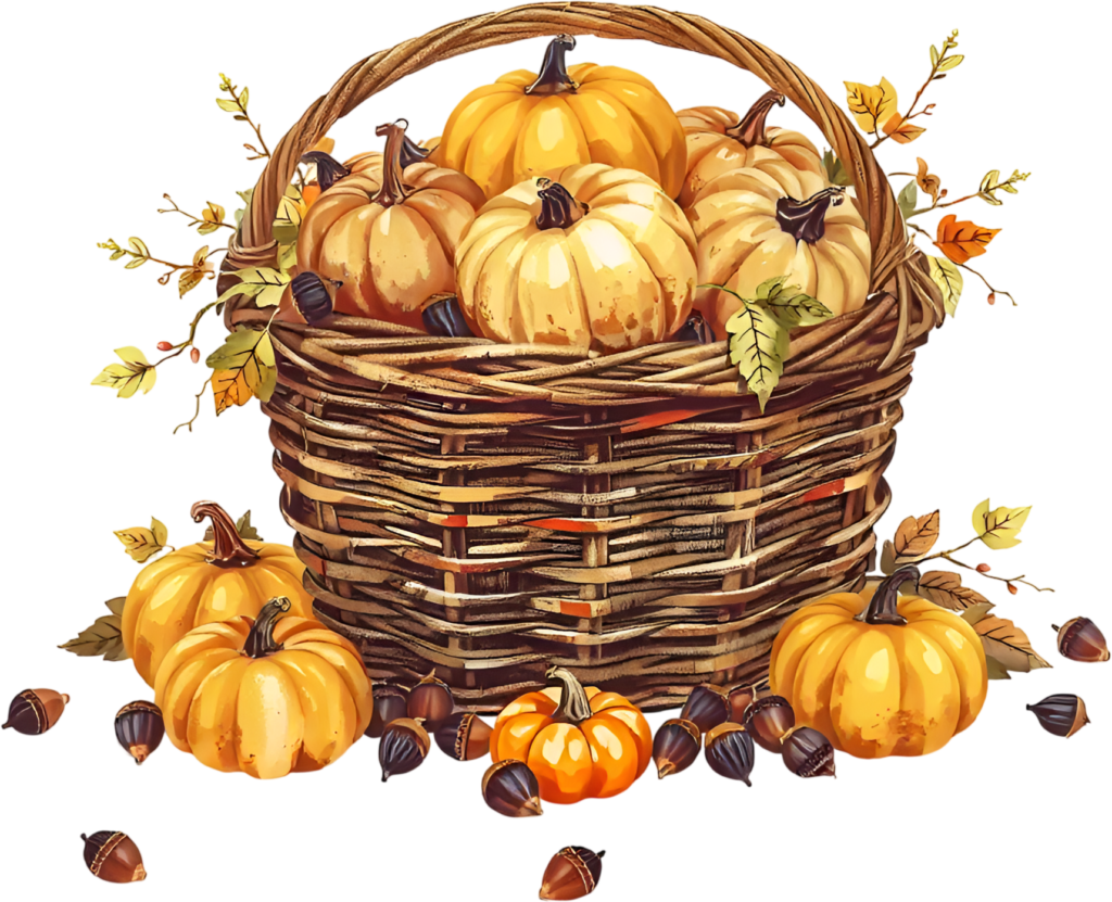 - Curate charming autumn visuals with this bountiful Pumpkin Basket PNG Illustration, showcasing golden pumpkins and scattered acorns for design Free PNG Download