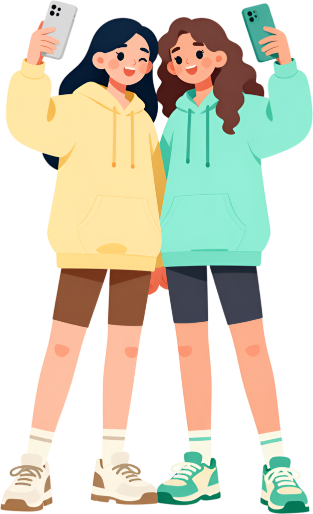 Joyful young women capture selfie, a vibrant design for female friends graphic PNG clipart.