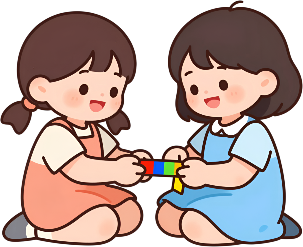 Adorable young girls playing, a charming children’s female friends cartoon PNG clipart illustration.