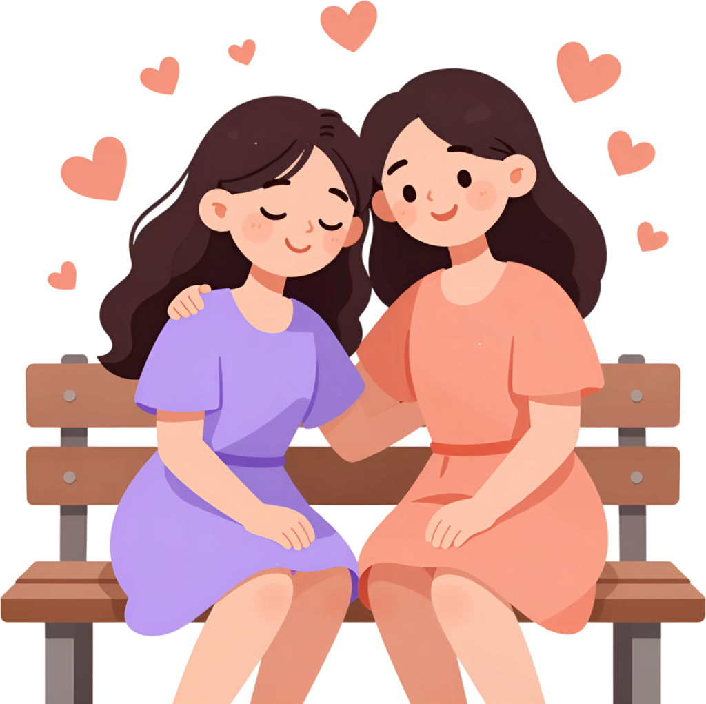 Tender moments between women, a heartwarming female friends cartoon PNG clipart of close affection.