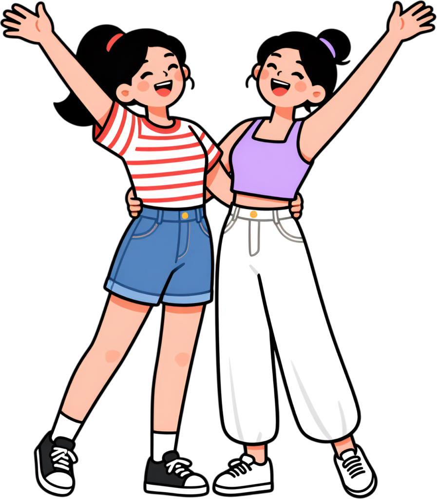 Lively young women celebrating together, an expressive female friends cartoon PNG clipart for joyous occasions.