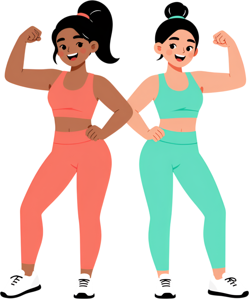 Powerful women flexing muscles, a confident female friends cartoon PNG clipart for fitness inspiration.