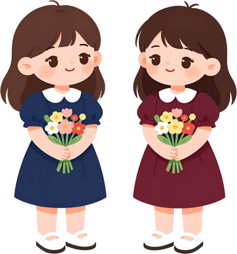 Innocent young girls with flowers, a delightful female friends cartoon PNG clipart for sweet springtime.