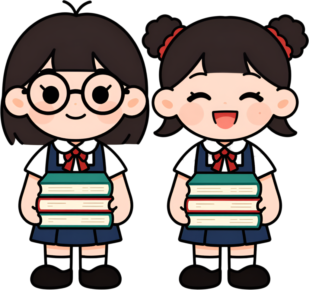 Studious schoolgirls with books, an academic female friends cartoon PNG clipart for educational projects.