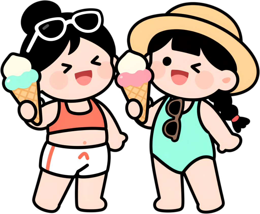 Summer girls enjoying ice cream, a joyful female friends cartoon PNG clipart for vacation themes.
