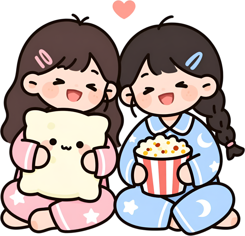 Cozy girls having a sleepover, a charming female friends cartoon PNG clipart for slumber party fun.