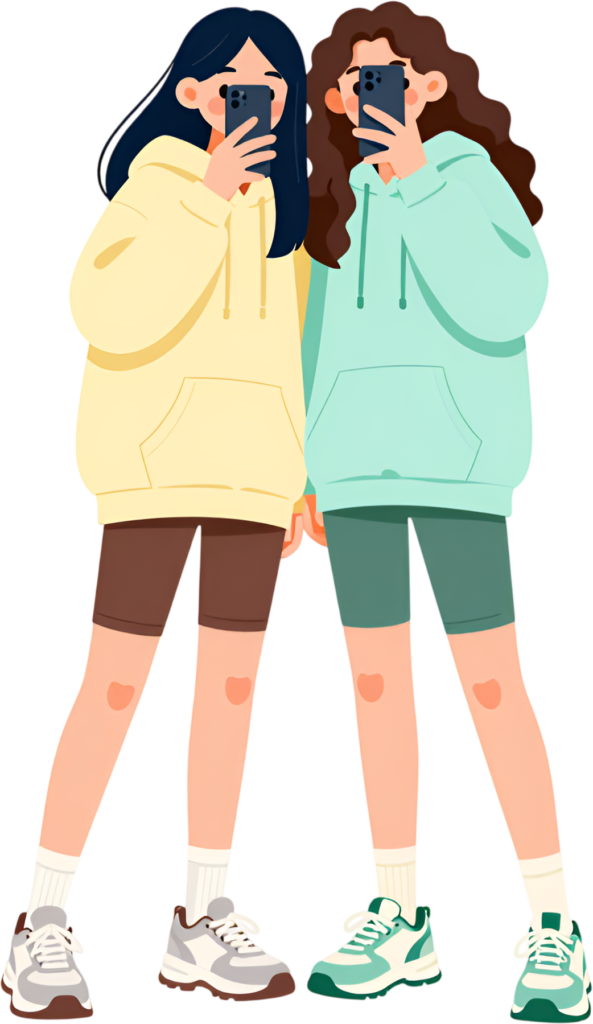 Trendy young women taking selfie, a casual female friends cartoon PNG clipart for social media.