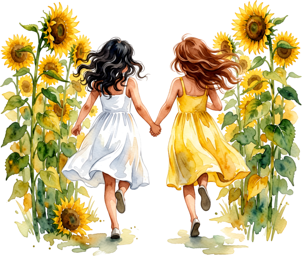 Running Female Friends in sunflower field, a cheerful PNG illustration for summer projects