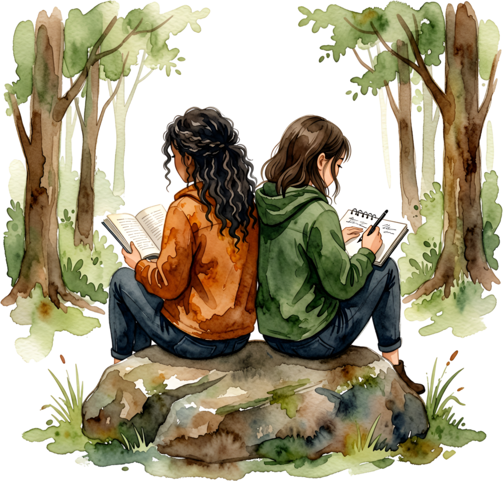 Outdoor learning with Female Friends: reading and drawing, peaceful PNG illustration for nature themes