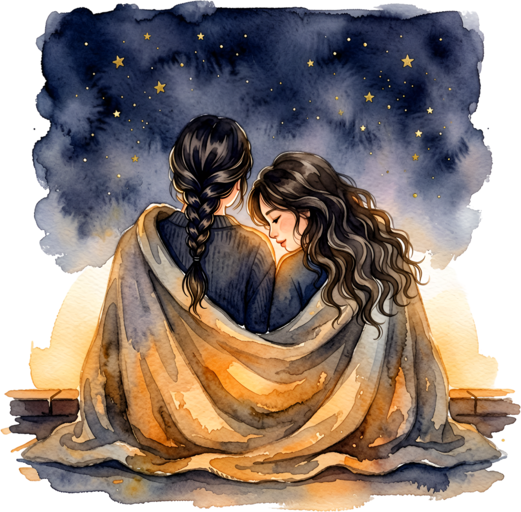 Cozy stargazing Female Friends under a blanket, enchanting PNG illustration for night sky themes