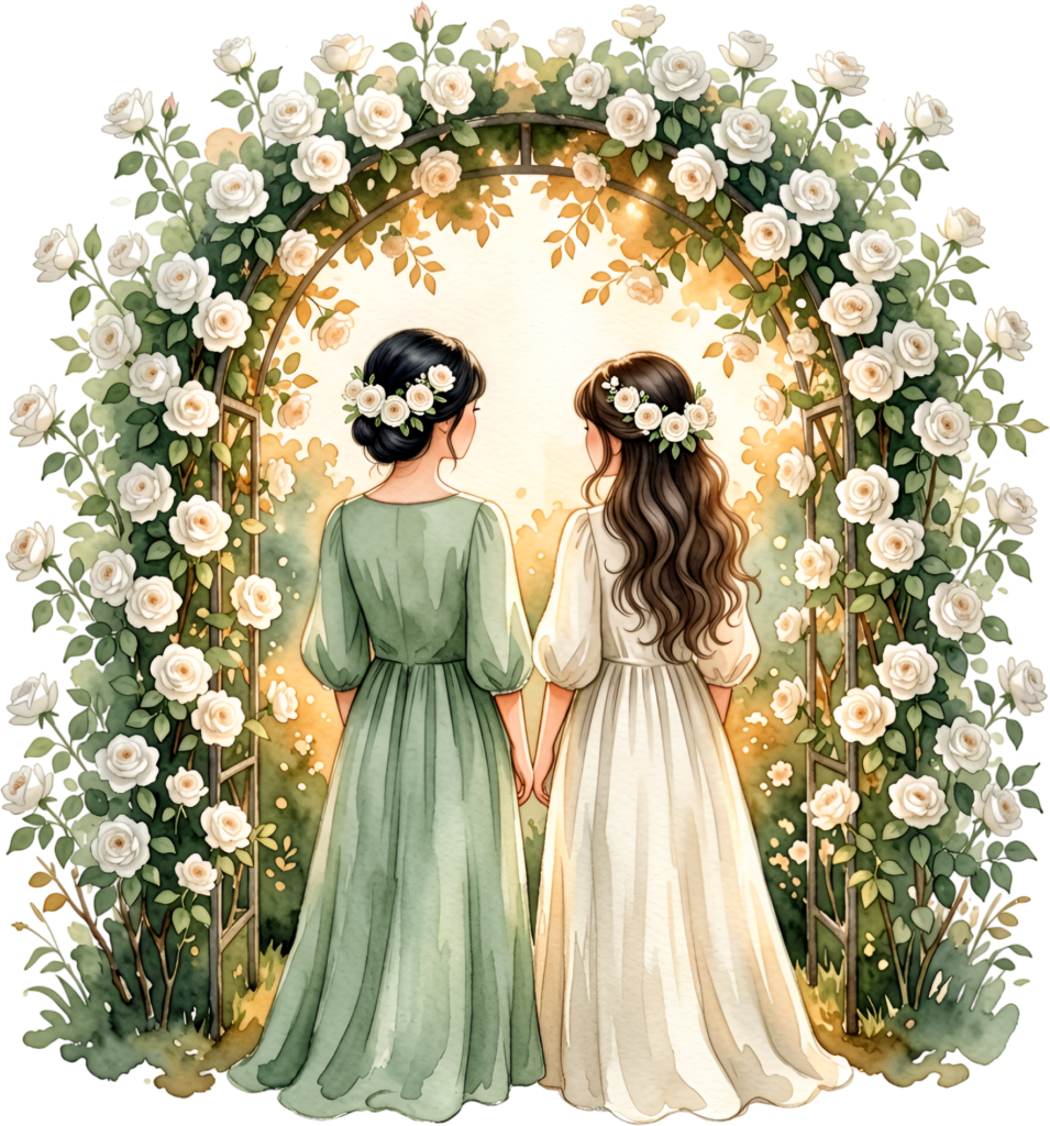 Elegant Female Friends under rose arch, a beautiful PNG illustration for wedding invitations