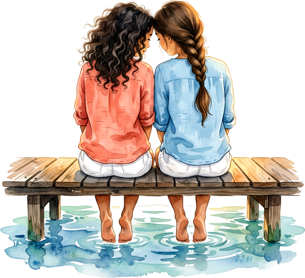Peaceful pier moments: Female Friends dipping feet in water, a serene PNG illustration