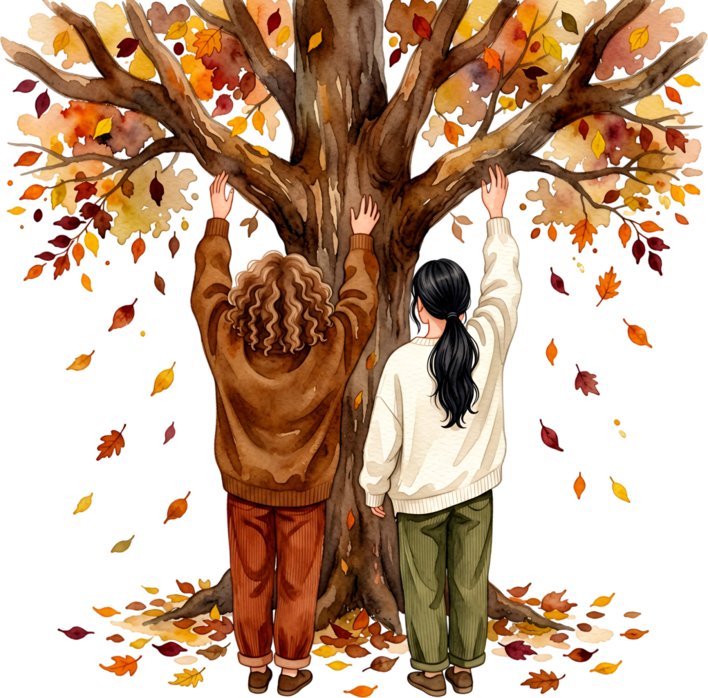 Female Friends embracing autumn tree, a heartwarming PNG illustration for fall season designs