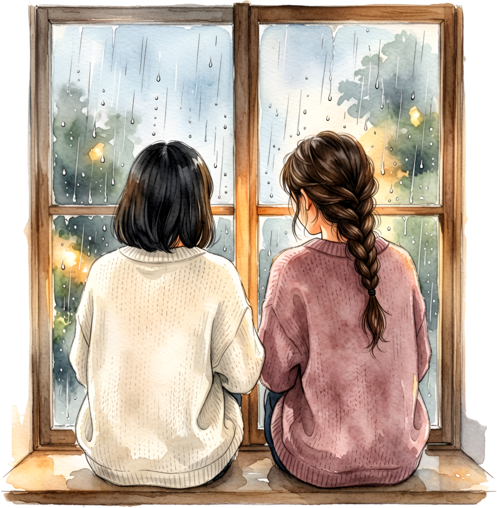 Rainy day comfort: Female Friends by window, cozy PNG illustration for hygge and home