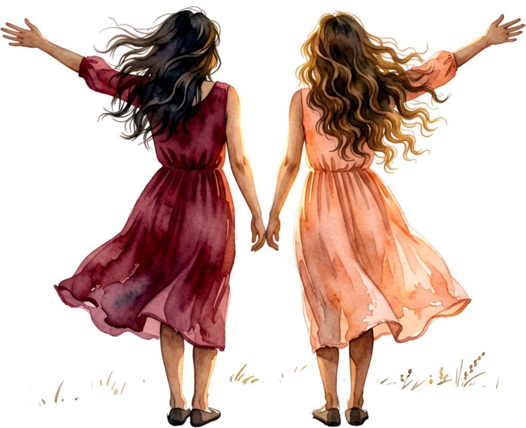 Free-spirited Female Friends running in a field, joyful PNG illustration for adventure and youth