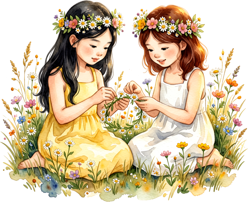 Crafting flower crowns: Young Female Friends in wildflower meadow, charming PNG illustration