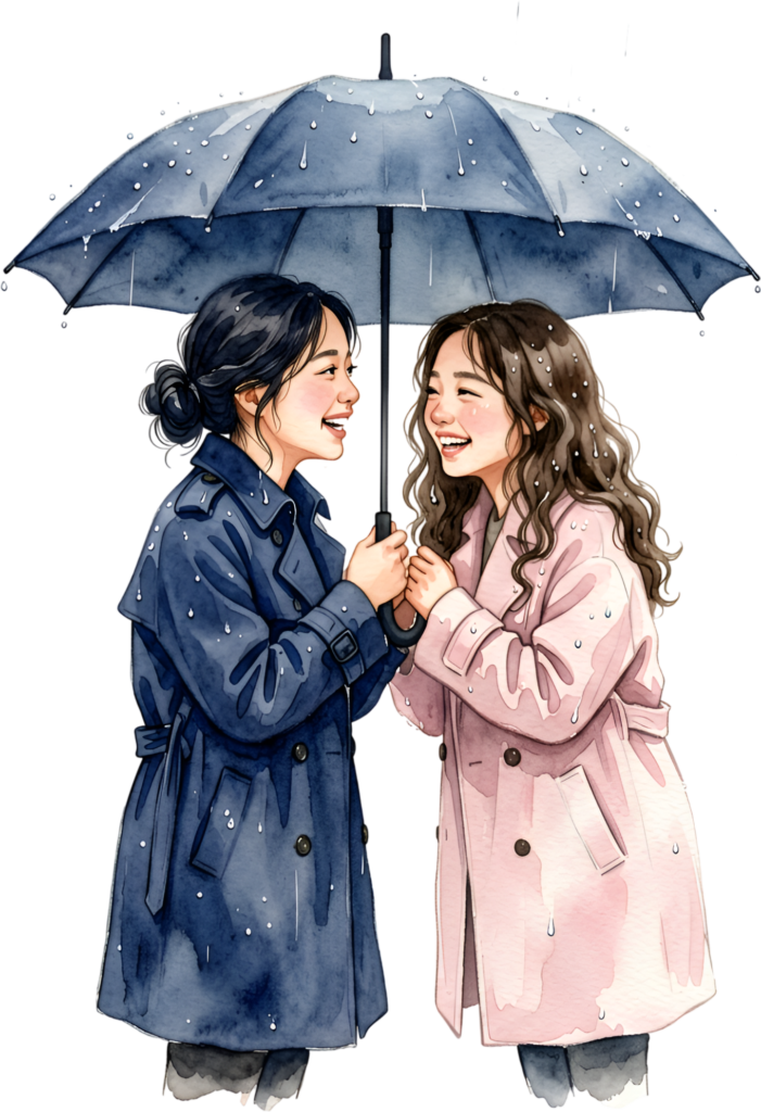Joyful Female Friends sharing umbrella in rain, happy PNG illustration for wet weather themes
