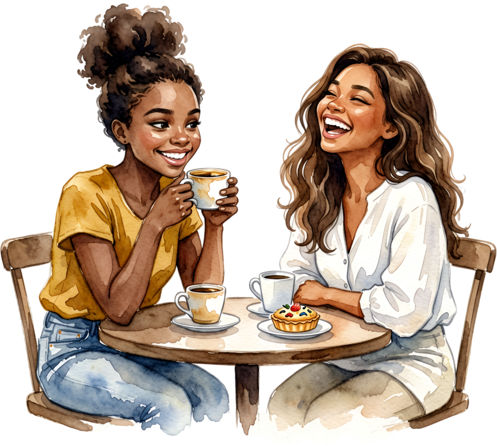 Cafe gossip with Female Friends: coffee and laughter, delightful PNG illustration for social themes
