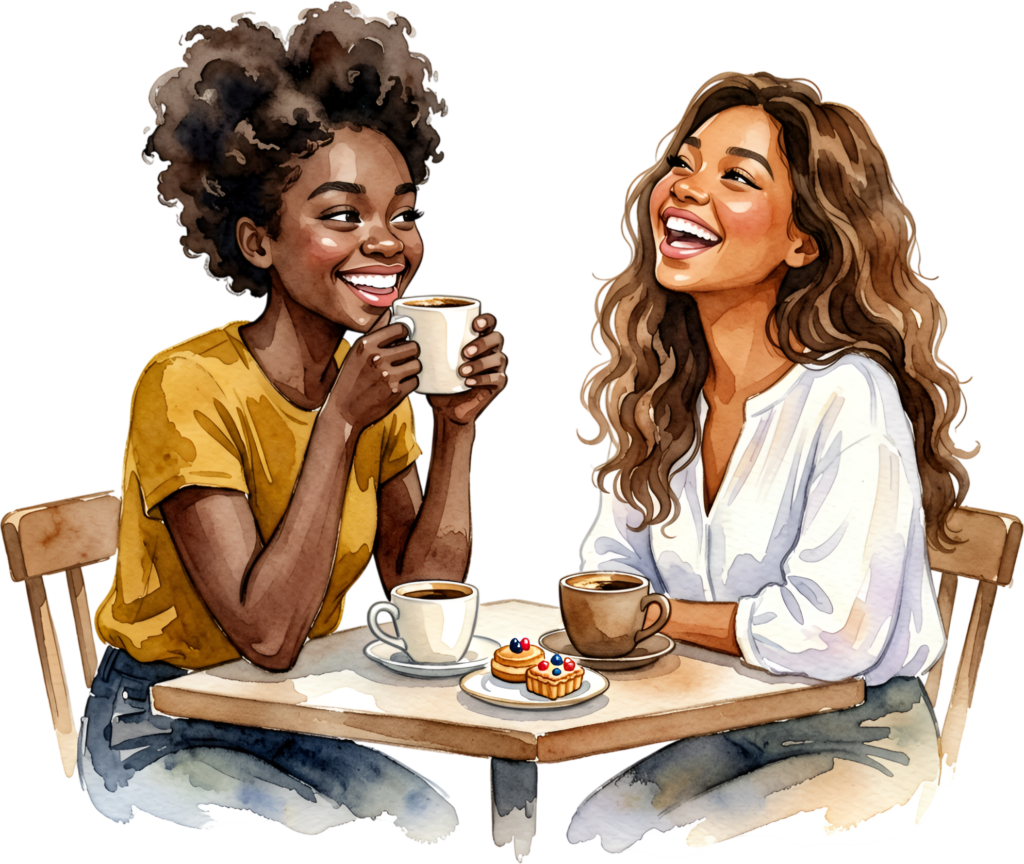 Enjoying coffee with Female Friends, lively PNG illustration capturing cafe moments and joy