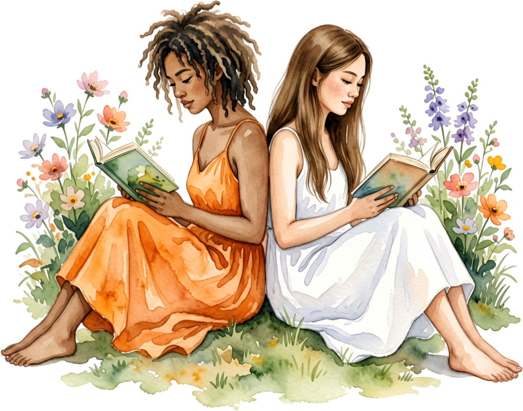 Peaceful reading: Female Friends in wildflower field, serene PNG illustration for quiet moments