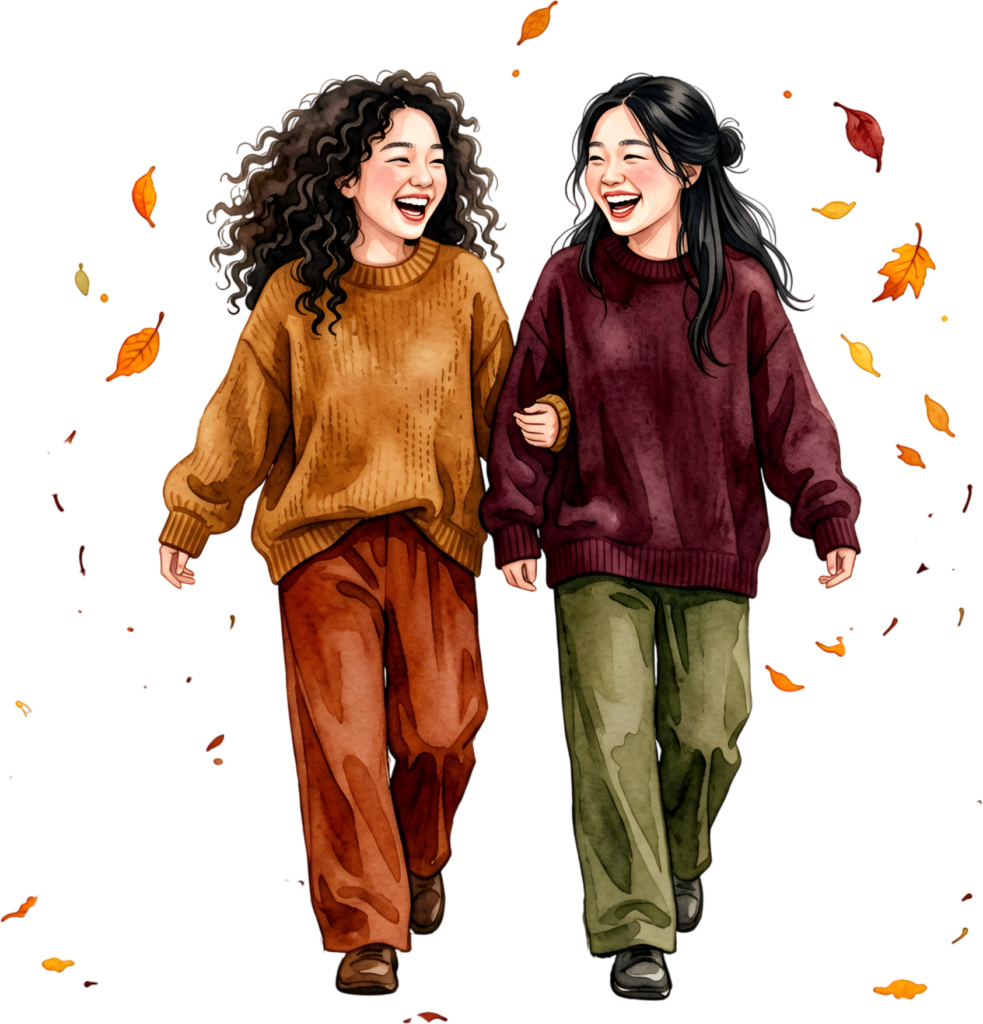 Happy autumn walk with Female Friends, cheerful PNG illustration for fall seasonal designs
