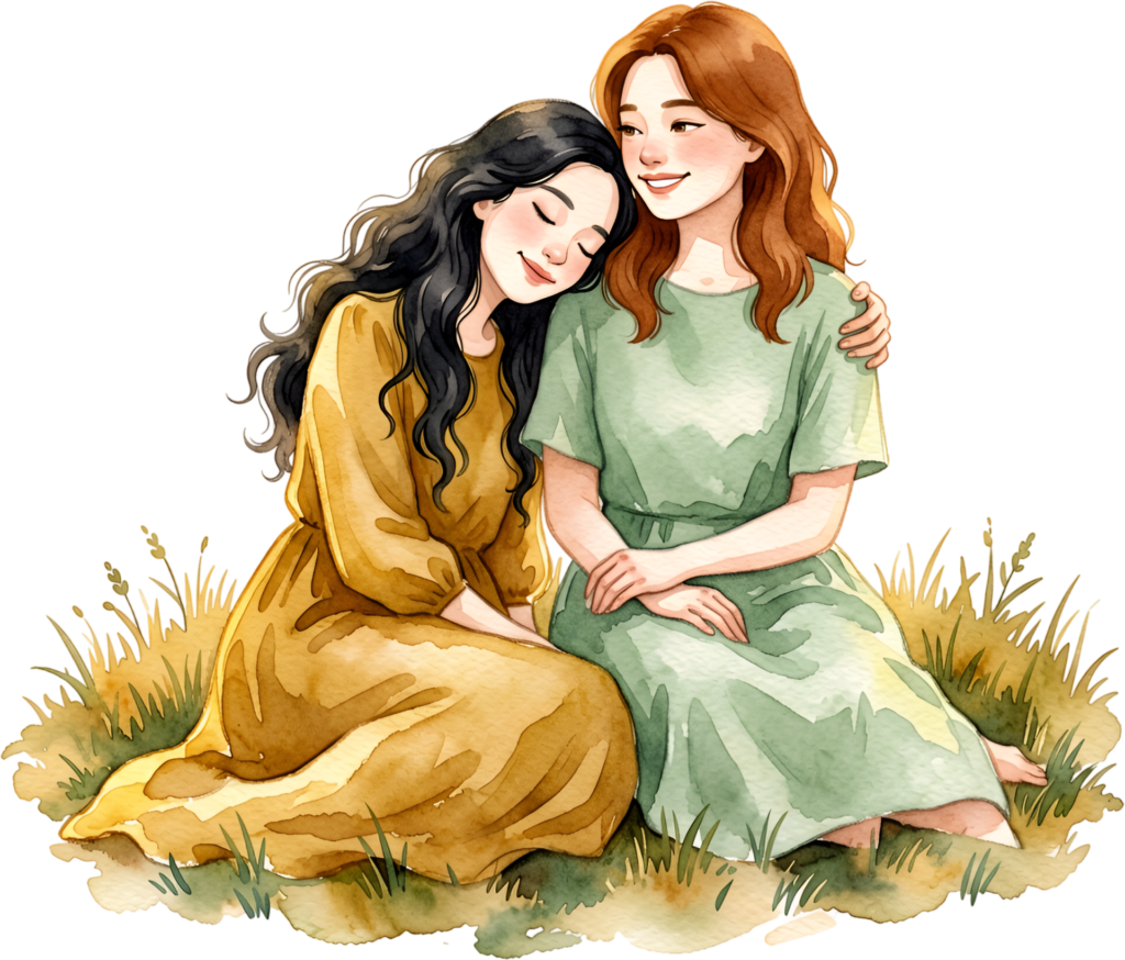Comforting Female Friends sitting together in grass, lovely PNG illustration for friendship cards