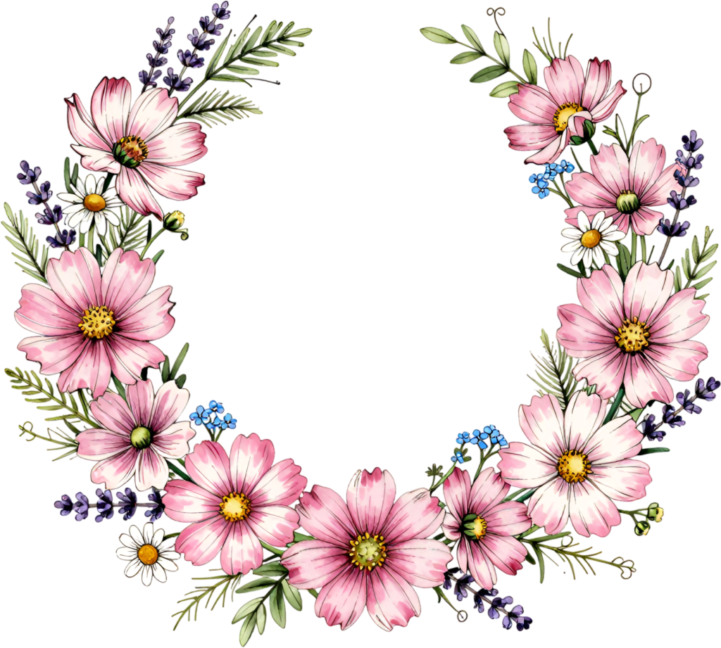 Cosmos Flower Wreath illustration, a charming PNG for spring garden party decor and whimsical digital art 1 - Cosmos Flower Wreath illustration, a charming PNG for spring garden party decor and whimsical digital art Free PNG Download