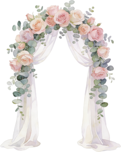 Elegant Watercolor Floral Wedding Arch with Drapes Illustration, PNG for Ceremony