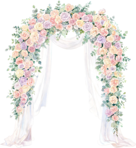 Lush Pastel Floral Wedding Arch with Drapes Illustration, PNG for Ceremony