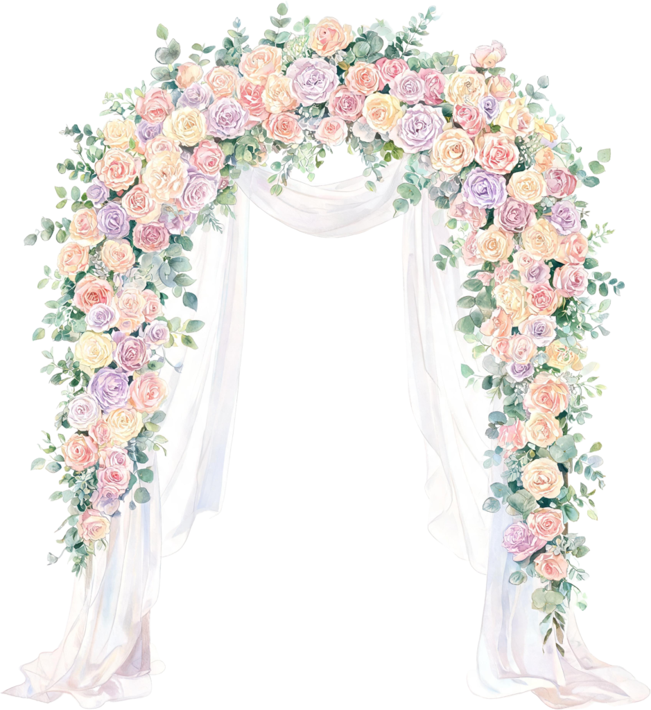 Lush Pastel Floral Wedding Arch with Drapes Illustration, PNG for Ceremony 1 - Lush Pastel Floral Wedding Arch with Drapes Illustration, PNG for Ceremony Free PNG Download