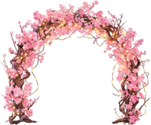 Rustic Cherry Blossom Wedding Arch Illustration, PNG with Twinkling Lights