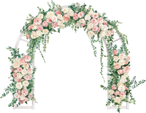 Elegant Floral Wooden Wedding Arch Illustration, PNG with Pastel Roses