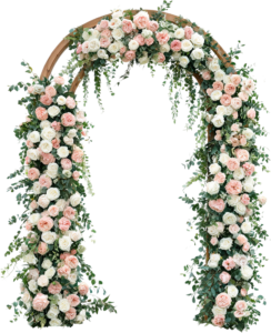 Tall Rustic Wooden Wedding Arch Illustration, PNG with Lush Floral Decor