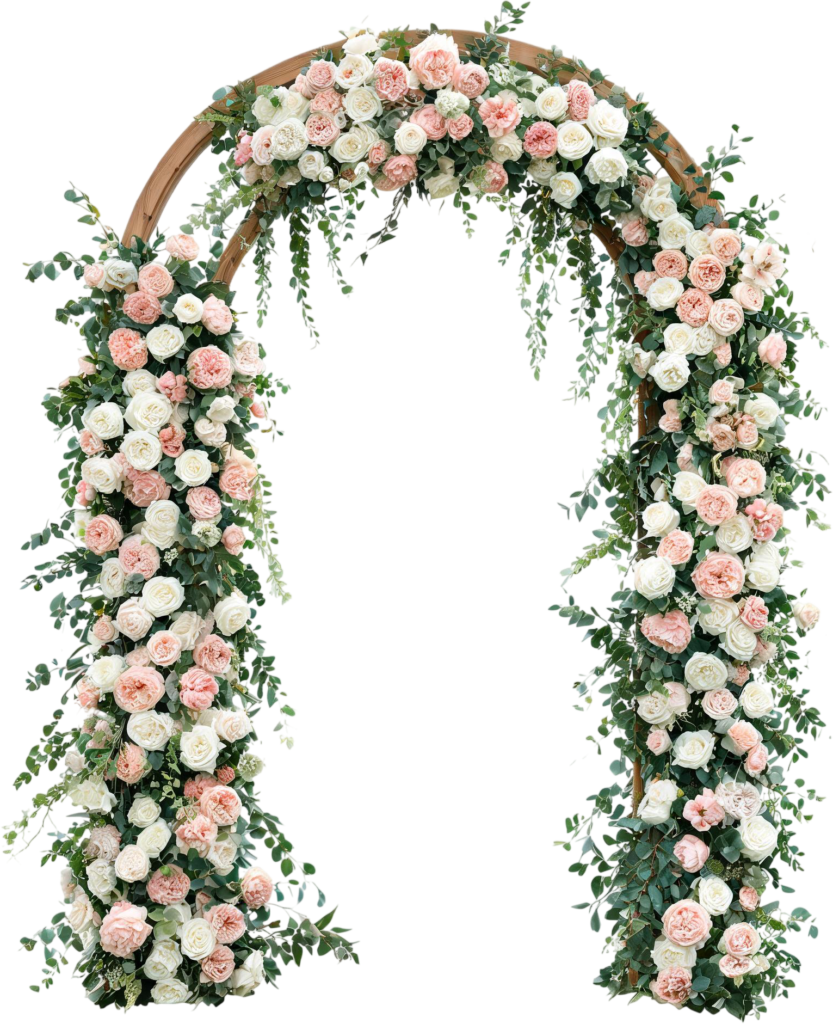 Tall Rustic Wooden Wedding Arch Illustration, PNG with Lush Floral Decor 1 - Tall Rustic Wooden Wedding Arch Illustration, PNG with Lush Floral Decor Free PNG Download