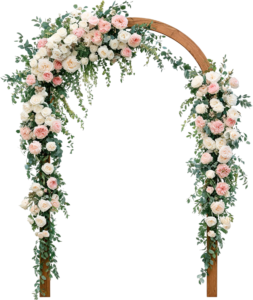 Elegant Wooden Trellis Wedding Arch Illustration, PNG with Pastel Roses