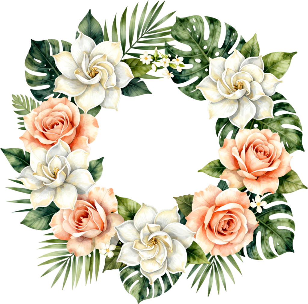 Tropical Wreath Design featuring Exotic Gardenia and Roses, ideal Flower PNG Clipart for Summer Events 1 - Tropical Wreath Design featuring Exotic Gardenia and Roses, ideal Flower PNG Clipart for Summer Events Free PNG Download