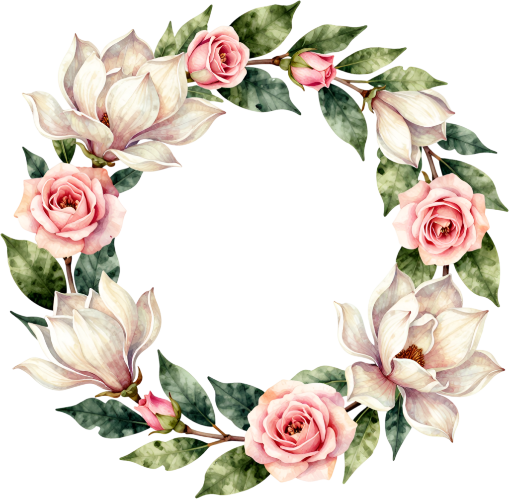 Magnolia Rose Wreath Design with Delicate Pink Buds, an exquisite Flower PNG Clipart for Invitations and stationery 1 - Magnolia Rose Wreath Design with Delicate Pink Buds, an exquisite Flower PNG Clipart for Invitations and stationery Free PNG Download
