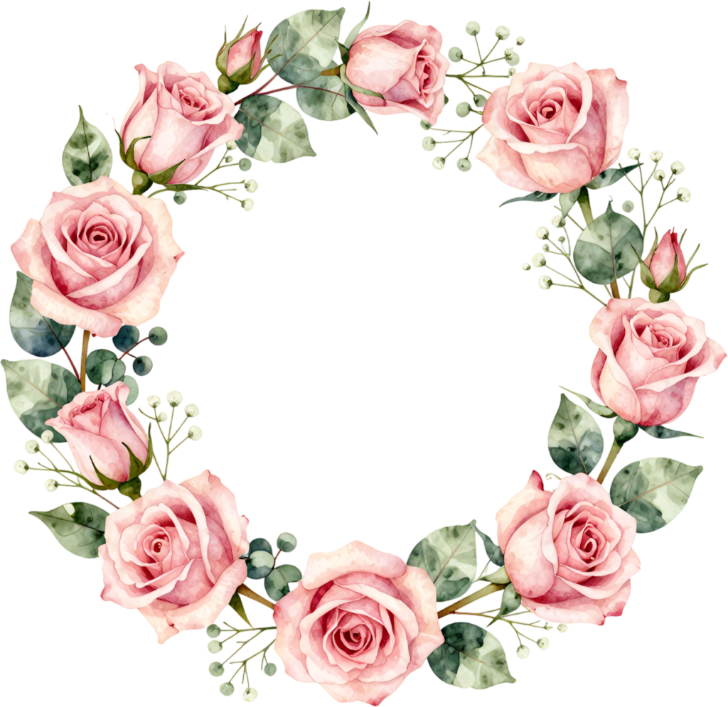 Pink Rose Wreath Ornament adorned with Eucalyptus, a charming Flower PNG Clipart for Baby Showers and nurseries 1 - Pink Rose Wreath Ornament adorned with Eucalyptus, a charming Flower PNG Clipart for Baby Showers and nurseries Free PNG Download
