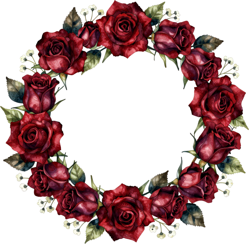Dark Red Rose Wreath Illustration with Rich Burgundy Petals, a dramatic Flower PNG Clipart Asset for gothic themes 1 - Dark Red Rose Wreath Illustration with Rich Burgundy Petals, a dramatic Flower PNG Clipart Asset for gothic themes Free PNG Download