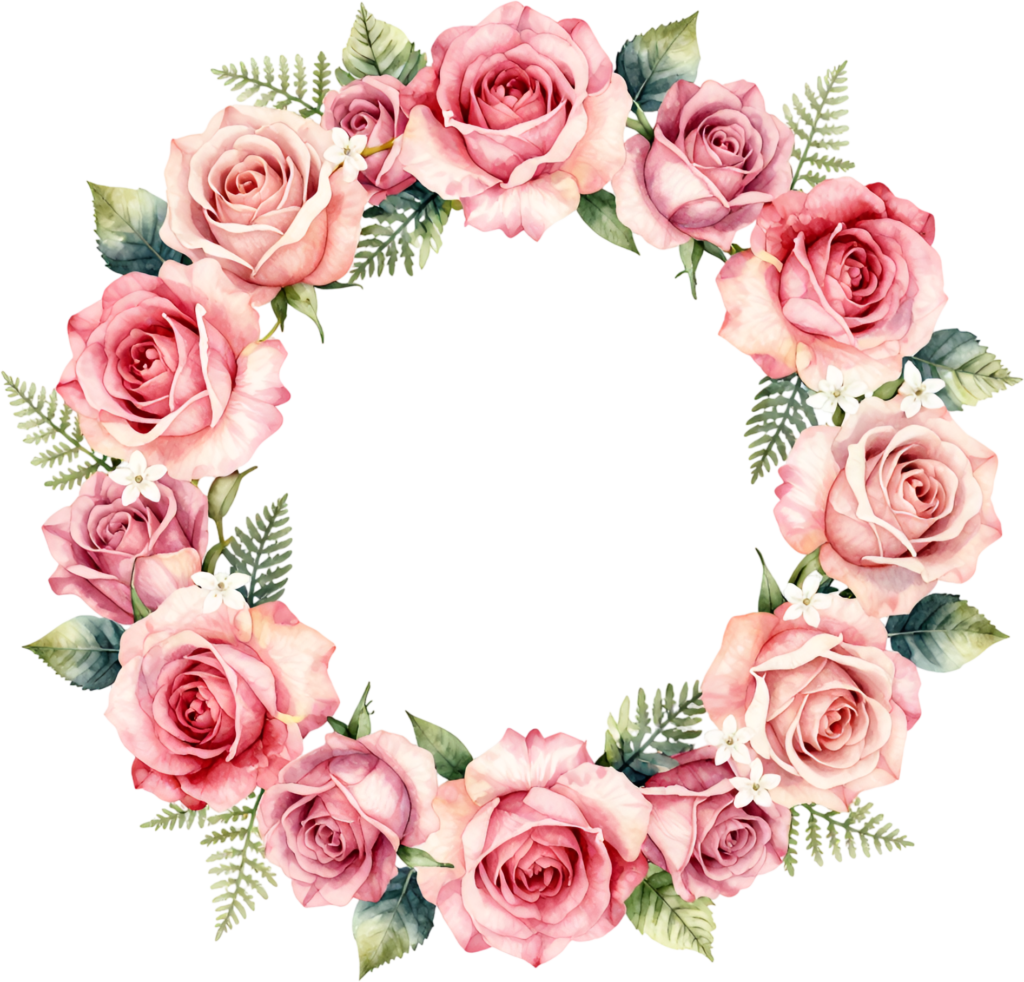 Pink Rose Wreath Border featuring Lush Ferns and Delicate White Blossoms, sweet Flower PNG Clipart for nature lovers 1 - Pink Rose Wreath Border featuring Lush Ferns and Delicate White Blossoms, sweet Flower PNG Clipart for nature lovers Free PNG Download
