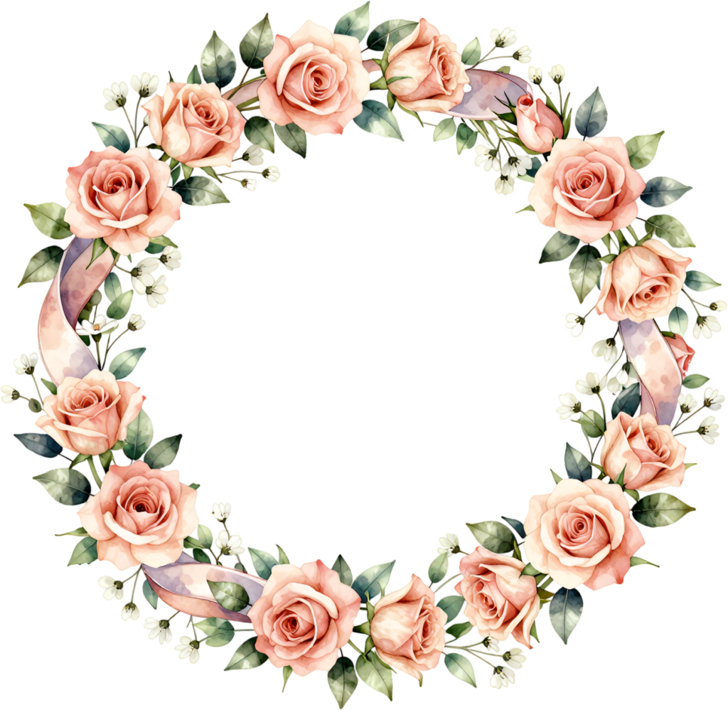 Peach Rose Wreath Illustration with Flowing Ribbon and Tiny White Flowers, festive Clipart Flower PNG for joyous occasions 1 - Peach Rose Wreath Illustration with Flowing Ribbon and Tiny White Flowers, festive Clipart Flower PNG for joyous occasions Free PNG Download
