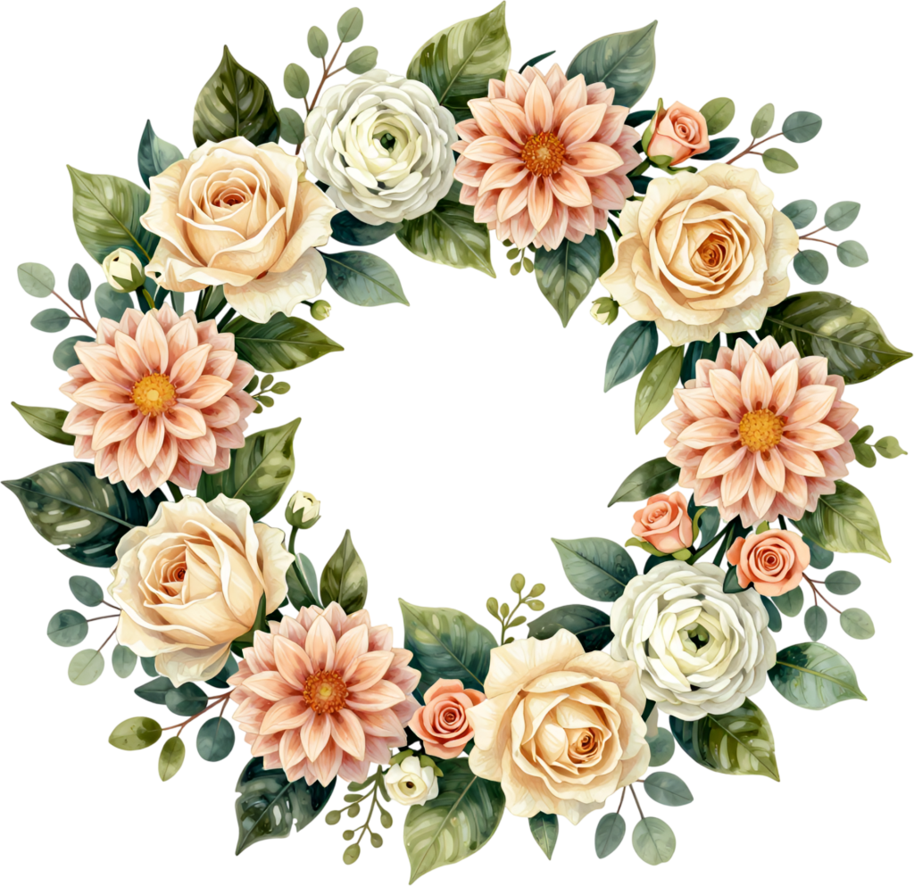 Dahlia Rose Wreath Creation featuring Cream and Peach Blooms, a charming Flower PNG Clipart Bundle for vintage projects 1 - Dahlia Rose Wreath Creation featuring Cream and Peach Blooms, a charming Flower PNG Clipart Bundle for vintage projects Free PNG Download