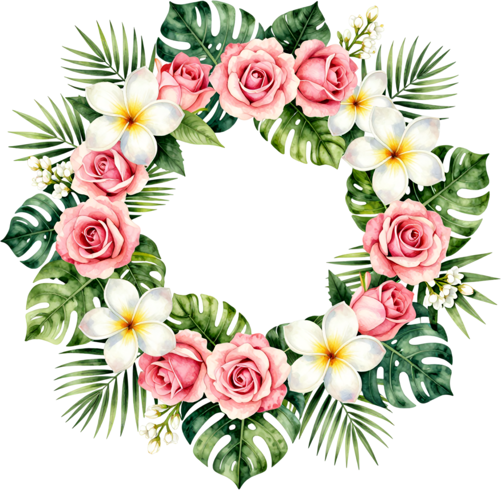 Tropical Rose Wreath Arrangement with Pink Blooms and Exotic Leaves, vibrant Flower PNG Clipart for destination weddings 1 - Tropical Rose Wreath Arrangement with Pink Blooms and Exotic Leaves, vibrant Flower PNG Clipart for destination weddings Free PNG Download