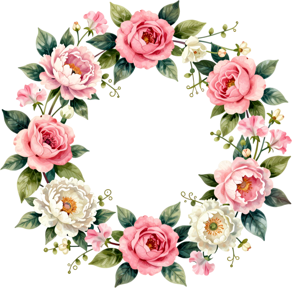 Peony Rose Wreath Illustration featuring Lush Pink and White Blossoms, elegant Clipart Flower PNG for grand celebrations 1 - Peony Rose Wreath Illustration featuring Lush Pink and White Blossoms, elegant Clipart Flower PNG for grand celebrations Free PNG Download